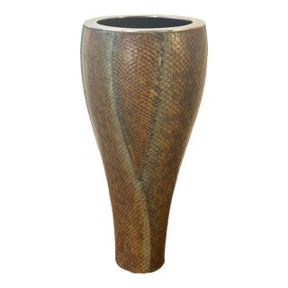 Vintage Coastal Snakeskin Wrapped Vase With Steel Rim, Postmodern For Sale