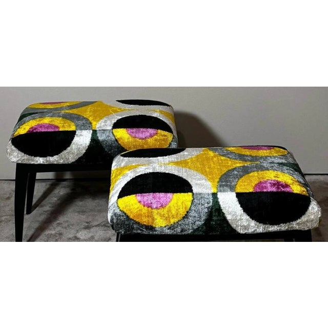 1950s Mid Century Pair of Italian Wood and Silk Velvet Ikat Benches For Sale - Image 6 of 12