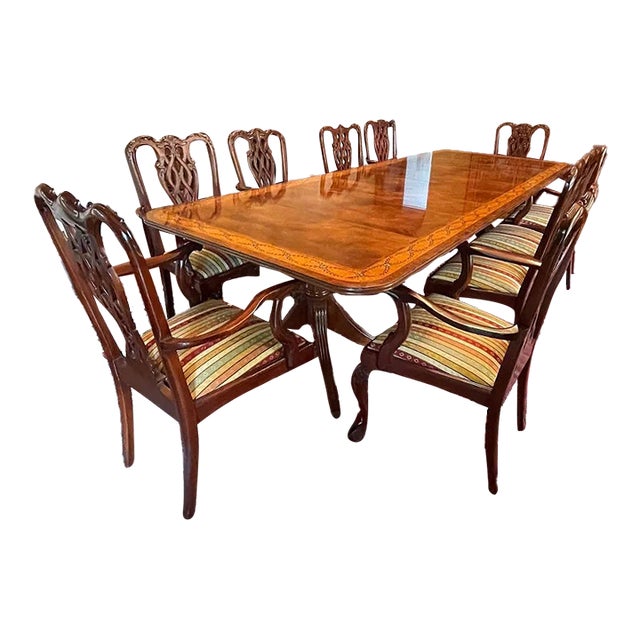 1950s Large Baker Dining Table & 10 Chippendale Style Dining Chairs For Sale