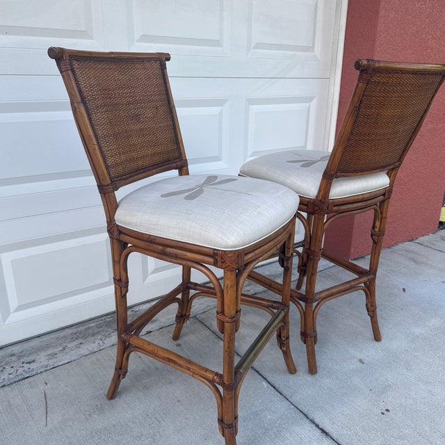 Wood Pair of Tommy Bahama Vintage Bamboo-Style Bar Stools With Dragonfly Cushions – Tropical Rattan Back For Sale - Image 7 of 8