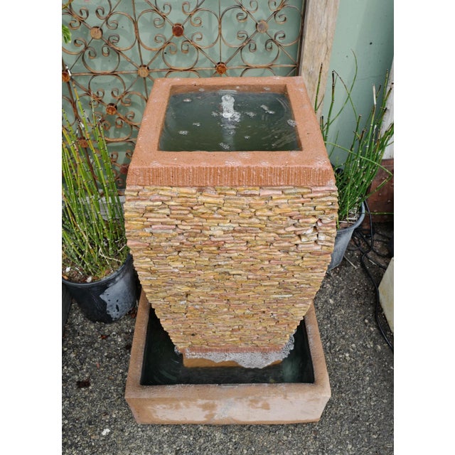 Transitional Peach Pebble Stacked Square Urn Fountain For Sale - Image 3 of 5