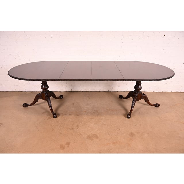 English 19th Century Antique Georgian Carved Mahogany Double Pedestal Extension Dining Table, Newly Refinished For Sale - Image 3 of 13