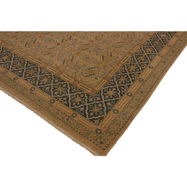 Shabby Chic 1980s Traditional Semi-Vintage Distressed Low-Pile Tan/Teal Blue Wool Rug - 7'11 X 9'11 For Sale - Image 3 of 8