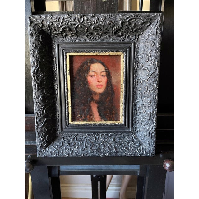 M.Y. 3 by Mark Bradley Schwartz | Oil on Board Portrait of a Woman with Long Hair For Sale