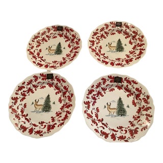 1990s Nova Deruta Italian Winter Deer & Tree Red Leaf Scalloped Dinner Plates-Set of 4 For Sale