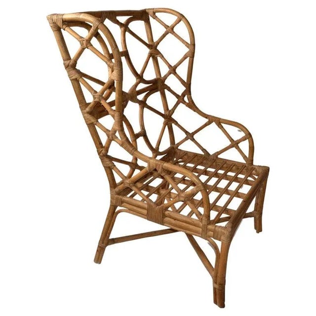 American Vintage Bohemian Bend Bamboo Cane Oversized Wingback Lounge Chair Cross Stretchers Base For Sale - Image 3 of 13