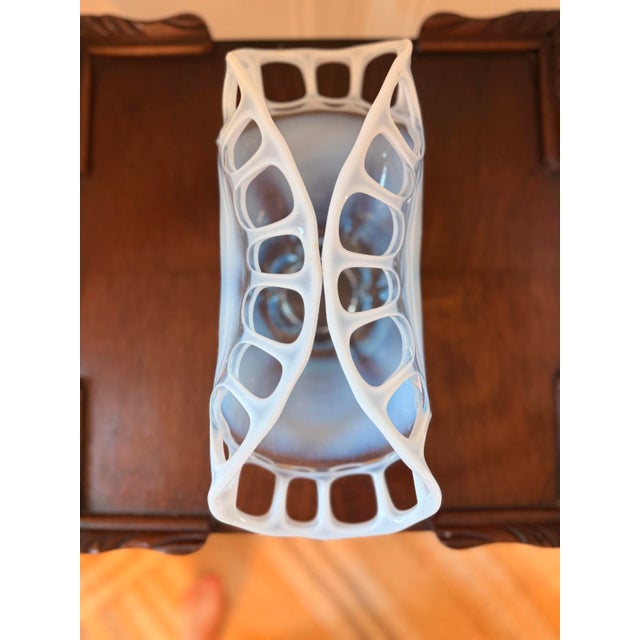 Vintage Murano Style Blue Opaline Art Glass Openwork Centerpiece Bowl For Sale - Image 4 of 6