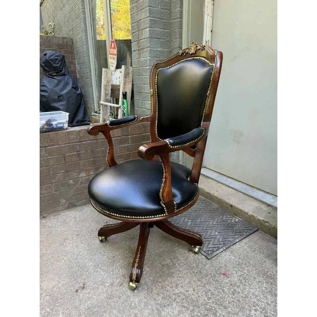 20th Century Vintage French Louis XV Style Brass Nail Studded Upholstered Vinyl Executive Office Chair For Sale - Image 11 of 15