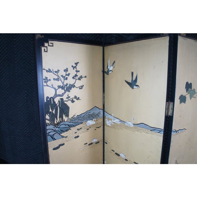 Black Vintage Chinese Black Lacquer 4 Panel Hand Painted Folding Screen Room Divider For Sale - Image 8 of 18
