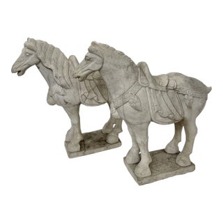 Vintage Carved Marble Tang Dynasty Style Horse Figures—A Pair For Sale