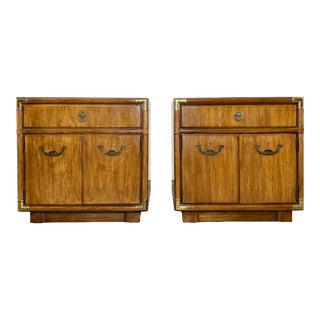 Vintage MCM Drexel Accolade Campaign Hardware Nightstands or End Tables, Pair For Sale