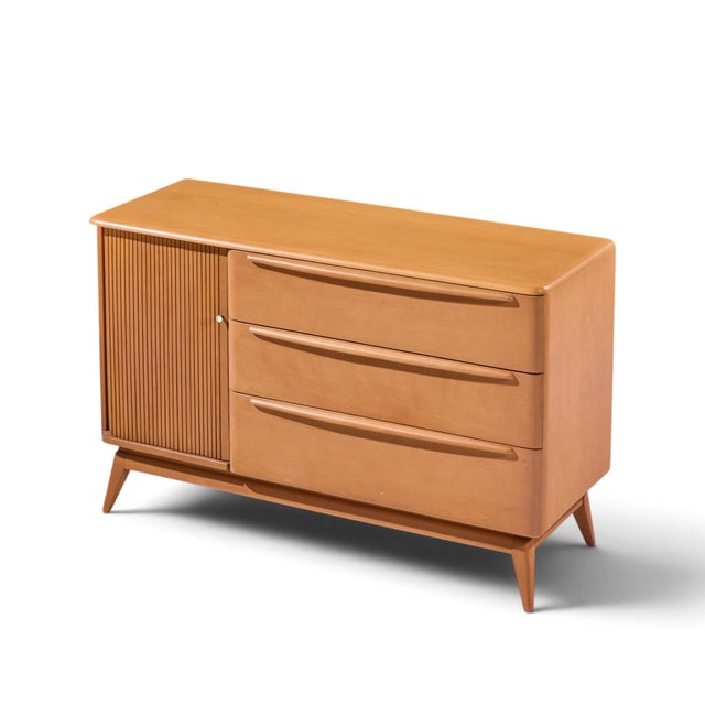 Heywood Wakefield Mid Century Champagne Tambour Door Sideboard Credenza With Hutch For Sale - Image 11 of 12
