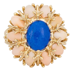 60s Vintage Angel Skin Coral Sodalite Ring Sz 6.5 14k Yellow Gold Skal Jewelry