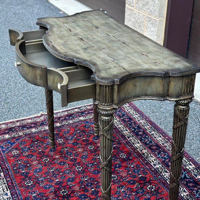 Wood Signed Maitland-Smith French Style Silver Leaf Serpentine Three Drawer Console Table For Sale - Image 7 of 11