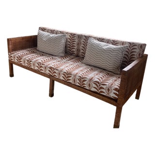Billy Baldwin for Bielecky Brothers Mid Century Modern Rattan Cane Tuxedo Sofa With Penny Morrison Linen Fabric For Sale