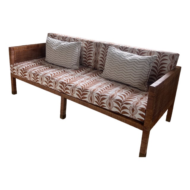 Billy Baldwin for Bielecky Brothers Mid Century Rattan Cane Tuxedo Sofa With Penny Morrison Linen Fabric For Sale