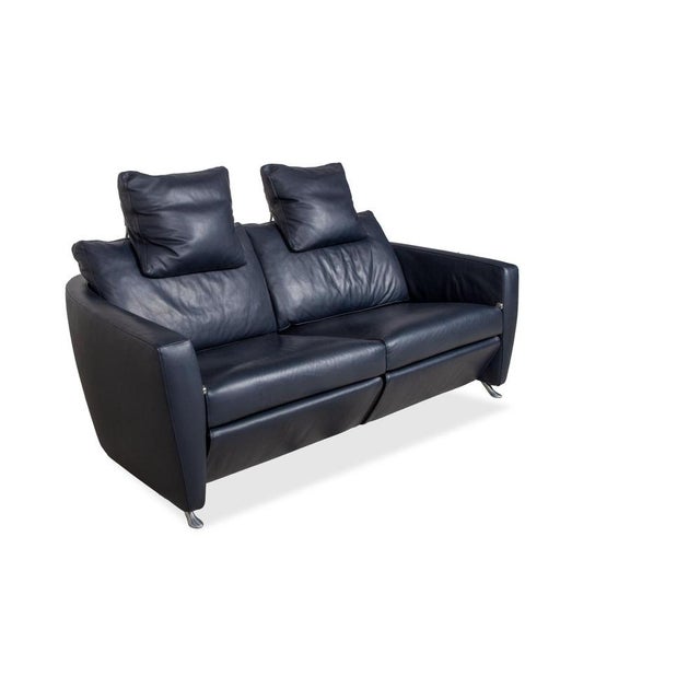 Modern Dark Blue Leather Sesame Two-Seater Sofa with Chrome Feet from FSM For Sale - Image 3 of 13