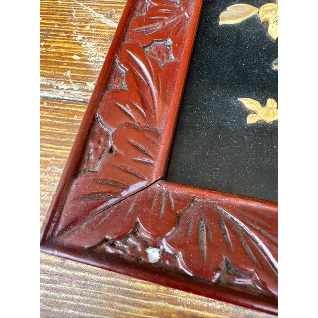 Vintage Chinese Carved Shell and Lacquer Peacock WallHang Artwork, Circa 1950’s For Sale - Image 9 of 15