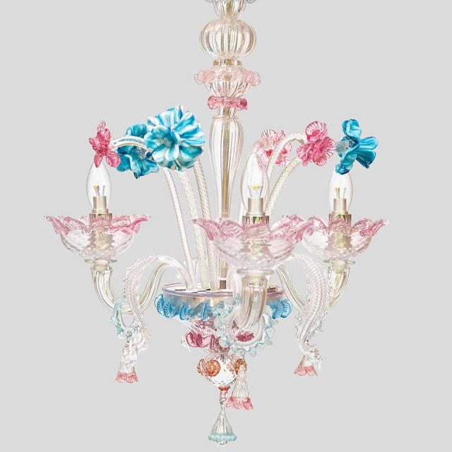 Venetian Murano Glass 3-Arm Chandelier with Flower Decor, 1990s For Sale - Image 6 of 9