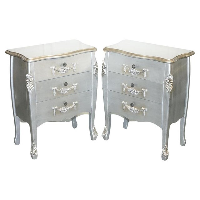Baroque French Grey Silver 3 Drawer Bedside Tables, Set of 2 For Sale - Image 14 of 14