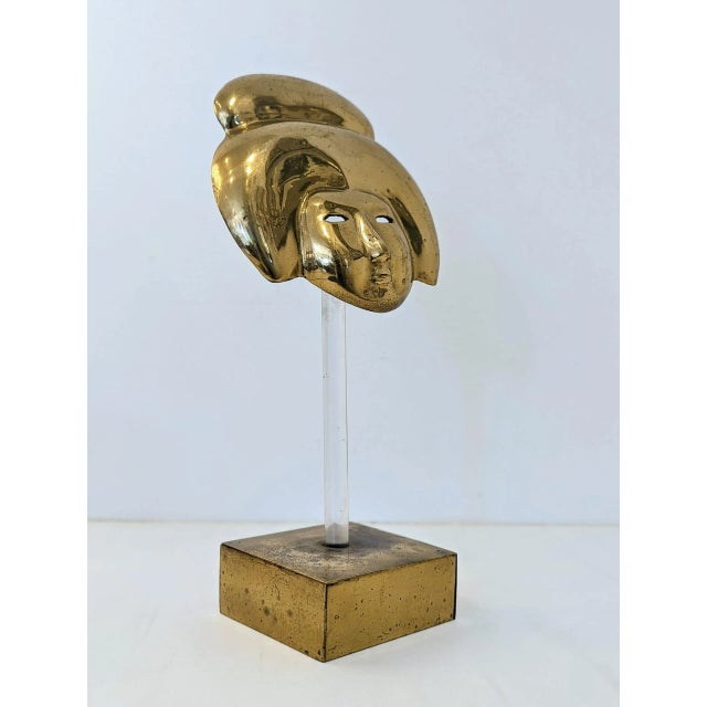 Brass Geisha Mask on Lucite Stand With Brass Base For Sale In San Francisco - Image 6 of 6