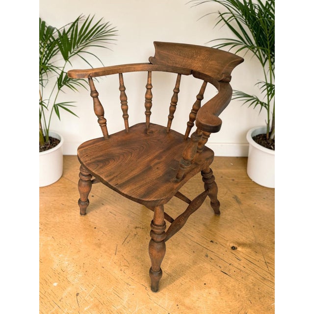 Antique Victorian Smokers Bow Armchair in Beech & Elm, 1880s For Sale - Image 6 of 18