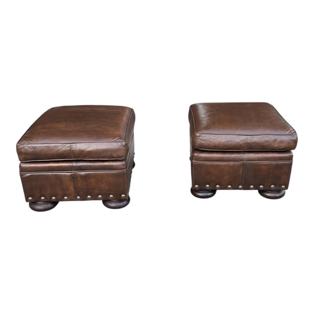1960s Classic Pair of Brown Leather Ottomans With Brass Nailhead Trim For Sale - Image 14 of 14
