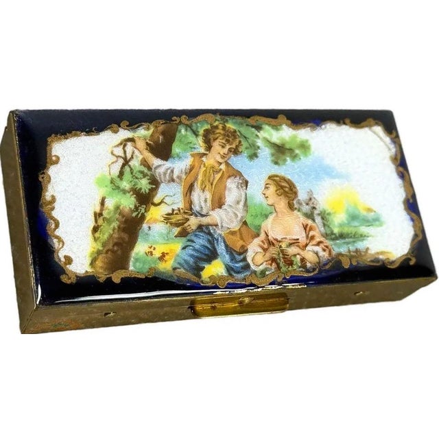 Antique 19th Century French Hand-Painted Enamel Courting Scene Keepsake Box Own a masterclass in miniature European...