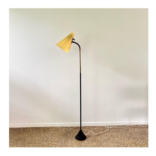 Mid-Century Floor Lamp in Black Metal and Brass with Yellow Shade, Sweden, 1950s For Sale - Image 11 of 11