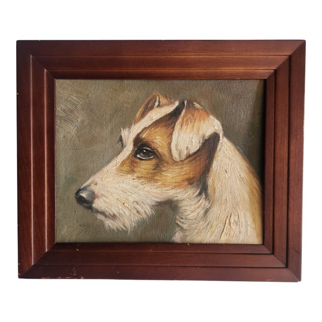 Vintage Oil on Canvas Portrait of a Wire Hair Jack Russell Terrier For Sale