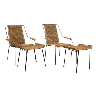 Set of Two Armchairs With Stools in Cane & Iron, Carlo Hauner, 1950s For Sale
