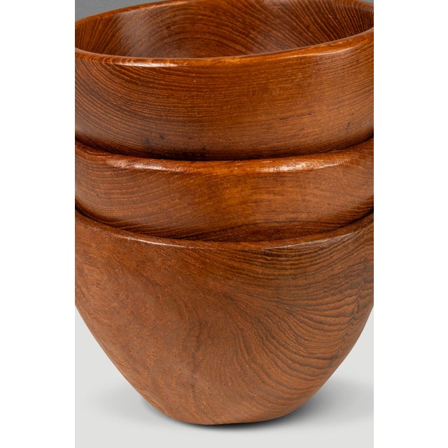 Set of Four ( 4 ) Mid-Century Organic Modern Wood-Turned Salad / Serving Bowls in Solid Burmese Teak, C. 1970's For Sale - Image 15 of 17