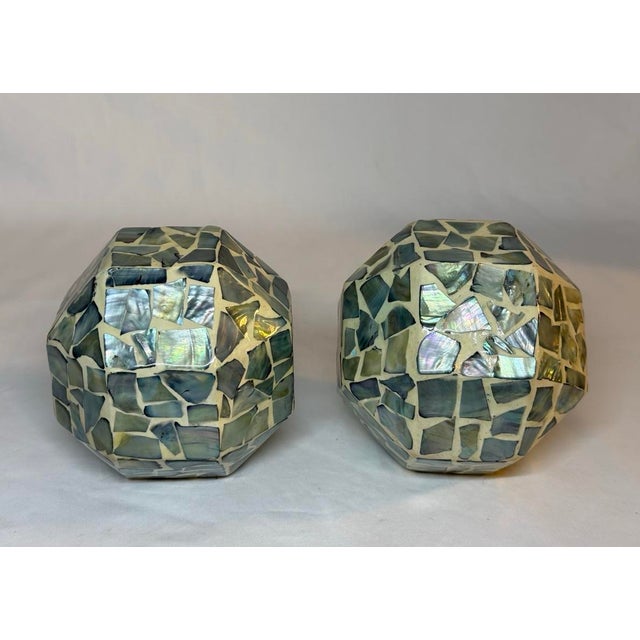Blue Pair of Abalone Mosaic Decor Orbs Geometric Squared Spheres For Sale - Image 8 of 11