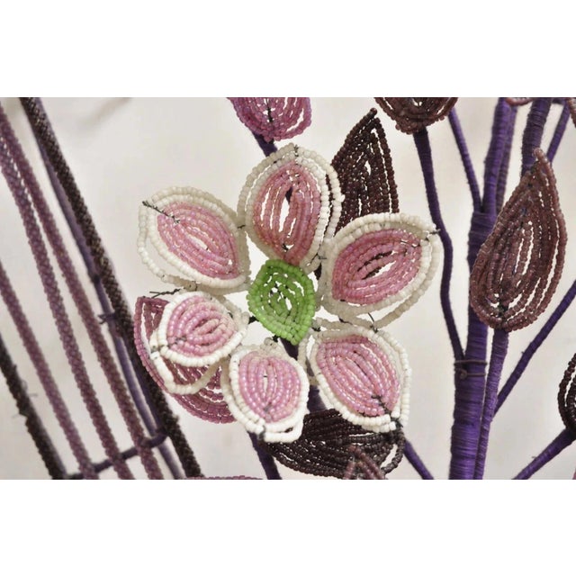 Early 20th Century French Victorian Glass Beaded Purple Flower Casket Wreath Wall Sculpture (A) For Sale - Image 4 of 12