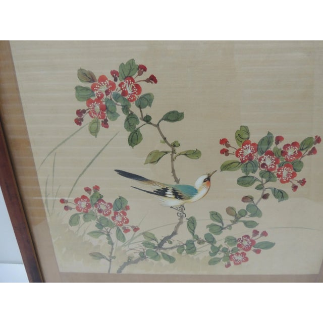 Art Nouveau Vintage Framed Watercolor Art Depicting Songbird on Bamboo Frame For Sale - Image 3 of 4