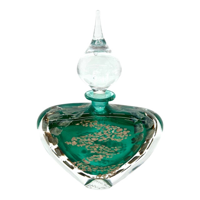 Vintage Mid Century Emerald and Gold Hand Blown Art Glass Perfume Bottle With Clear Glass Stopper For Sale