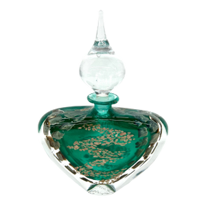 Vintage Mid Century Emerald and Gold Hand Blown Art Glass Perfume Bottle With Clear Glass Stopper