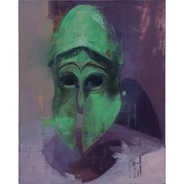 Peacemaker by Elena Burykina | Oil on panel Green helmeted figure against a purple background. For Sale