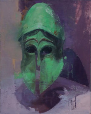Peacemaker by Elena Burykina | Oil on panel Green helmeted figure against a purple background.