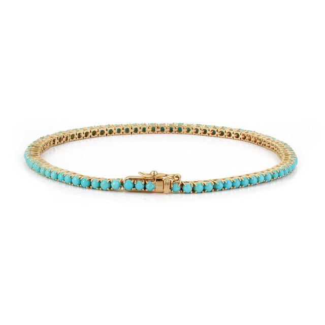 Modern Dainty Turquoise 3.11ct Gemstone Tennis Bracelet in 14k Solid Gold For Sale - Image 9 of 15