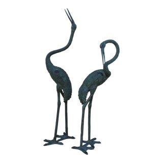 Pair of Contemporary Verdigris Bronze Crane Sculptures, 21st Century Garden Statues For Sale