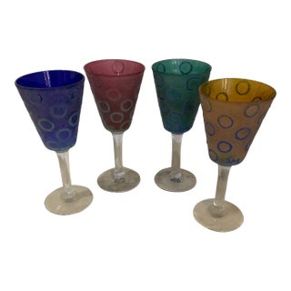 1970s Murano Multicolor Circle Wine Glasses - Set of 4 For Sale