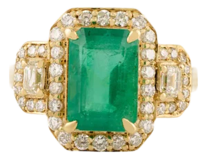 Vintage Inspired 14k Gold 2.78Ct Emerald and Diamond Halo Cocktail Ring Size 6.5