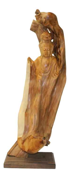 Chinese Cypress Wood Carved Bodhisattva Kwan Yin Tara Statue