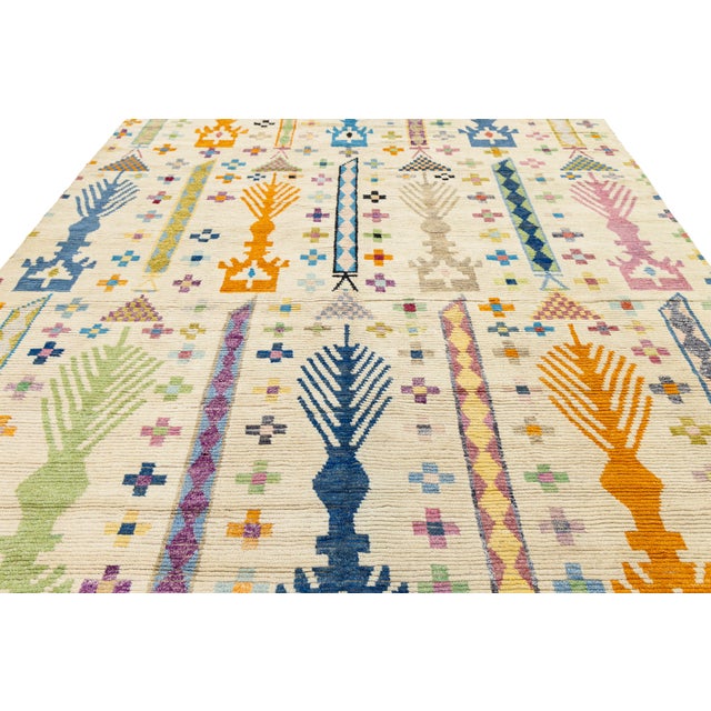 Ivory Modern Moroccan Tribal Abstract Wool Rug - Colorful Geometric Hand-Knotted Art For Sale - Image 8 of 12