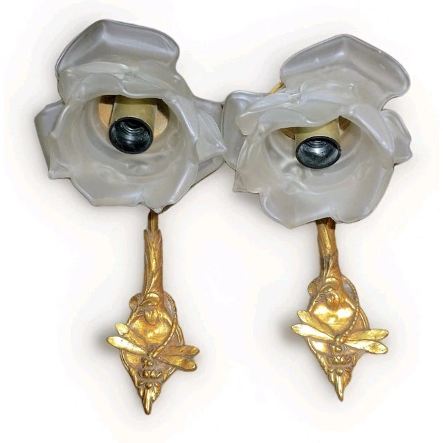 Pair Antique French Art Nouveau Gilt Bronze Dragonfly Wall Sconces with Art Glass Rose Flower Form Shades. Stunning...