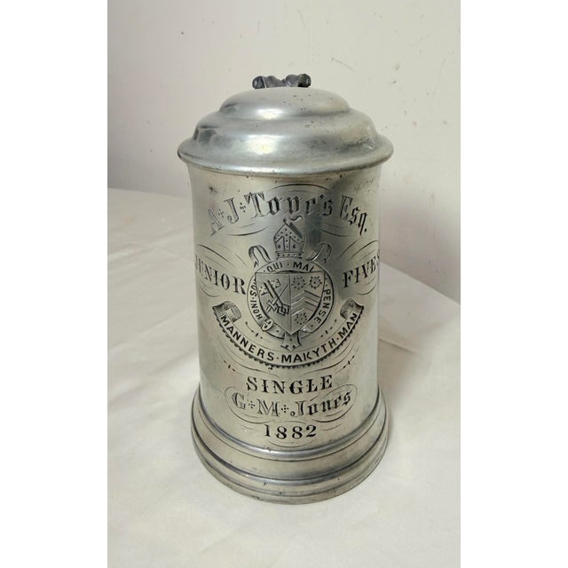 American Antique 1882 Engraved Pewter College Football Junior 5 Tankard Trophy Stein Mug For Sale - Image 3 of 17