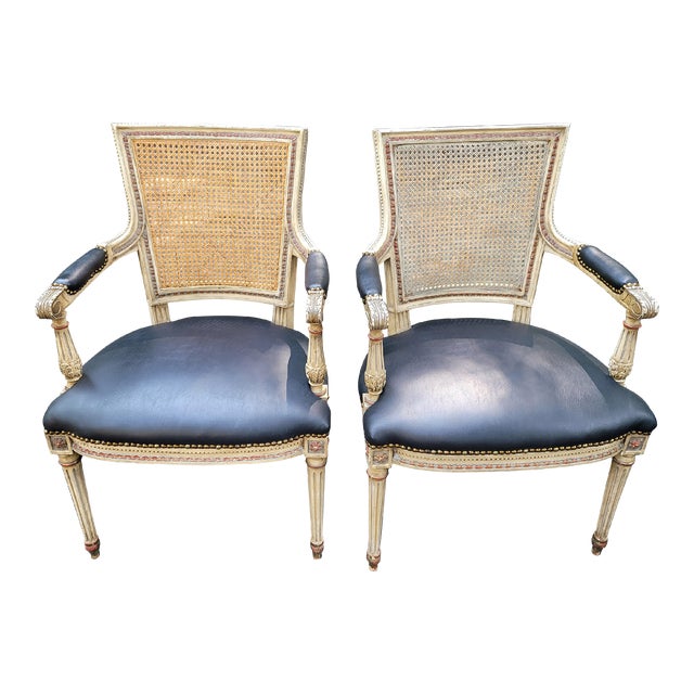 Late 20th Century Pair of Custom Neo-Classical French Cane Back Chairs With Black Leather Seat For Sale