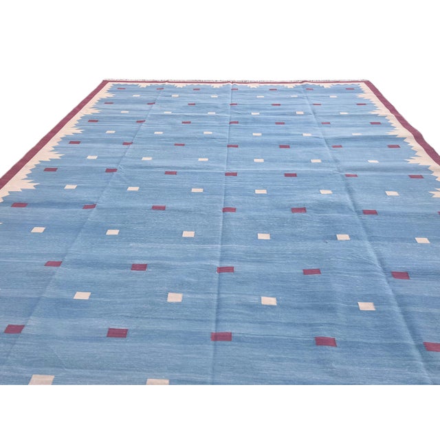 Handmade Cotton Vegetable Dyed Rug, Sky Blue and Pink Geometric Dhurrie-8'x10' For Sale - Image 10 of 13