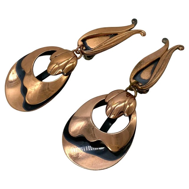 Arts & Crafts Signed Renoir Mid-Century Copper Oversized Dangle Earrings, United States For Sale - Image 3 of 5